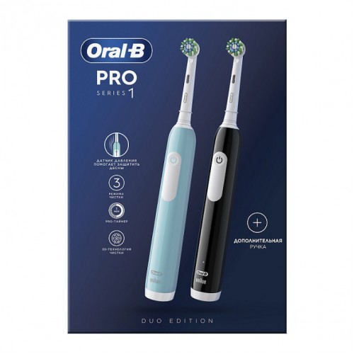 Электрическая зубная щетка Oral-B Pro Series 1 Duo черная, бирюзовая (2 шт) с насадкой Cross Action (1 шт)