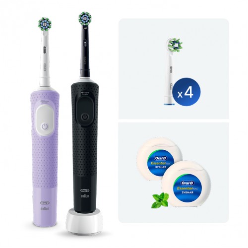 Электрические зубные щетки Vitality Pro Duo + Насадка для эффективной чистки Oral-B CrossAction (4 шт) и зубная нить ORAL-B Essential floss мятная 50м (2 шт)