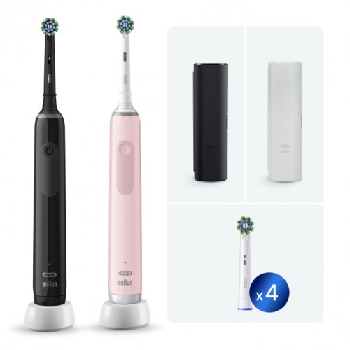 Электрические зубные щетки Oral-B Pro 3 3500 розовая и черная + Насадка для эффективной чистки Oral-B CrossAction (4 шт)
