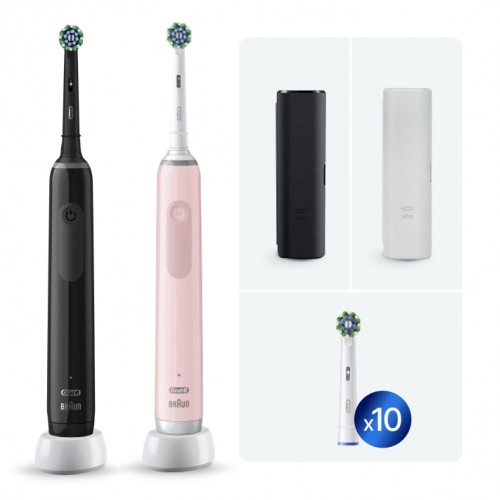 Электрические зубные щетки Oral-B Pro 3 3500 розовая и черная + Насадка для эффективной чистки Oral-B CrossAction (10 шт)